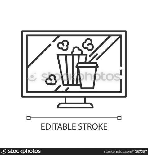 Movies and television linear icon. Watching films, tv. Popcorn, drinks. E commerce department categories. Thin line illustration. Contour symbol. Vector isolated outline drawing. Editable stroke