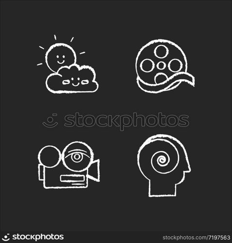 Movies and TV genres chalk white icons set on black background. Children cartoons, documentary, arthouse and philosophical films. Modern filmmaking styles. Isolated vector chalkboard illustrations