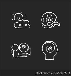 Movies and TV genres chalk white icons set on black background. Children cartoons, documentary, arthouse and philosophical films. Modern filmmaking styles. Isolated vector chalkboard illustrations