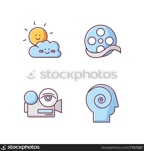 Movies and TV genres RGB color icons set. Children cartoons, documentary, arthouse and philosophical films. Modern filmmaking styles. Isolated vector illustrations