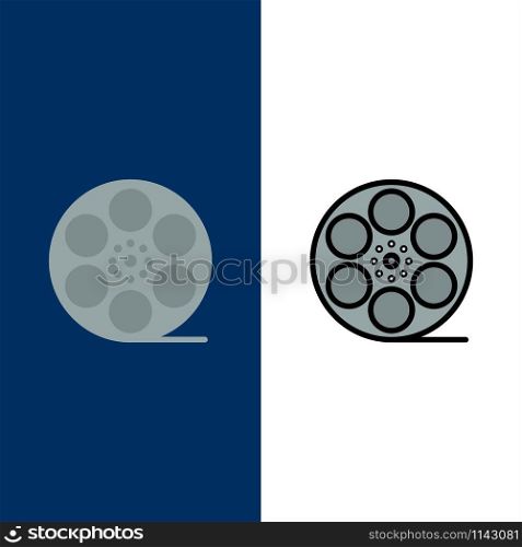 Movies, Play, Video, American Icons. Flat and Line Filled Icon Set Vector Blue Background