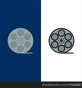 Movies, Play, Video, American Icons. Flat and Line Filled Icon Set Vector Blue Background