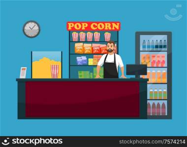 Movies snack bar, popcorn and drinks, bartender and counter vector. Chips and juice or soda, striped packs, cinema hall interior element, man in apron. Cinema Bar Counter with Snack, Popcorn and Drinks
