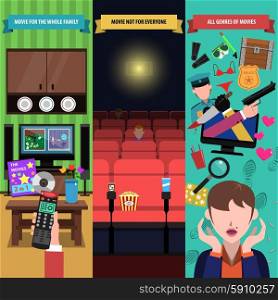 Movies vertical banner set with different film genres elements isolated vector illustration. Movies Banner Set