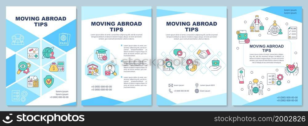 Moving abroad tips brochure template. Relocate to foreign country. Flyer, booklet, leaflet print, cover design with linear icons. Vector layouts for presentation, annual reports, advertisement pages. Moving abroad tips brochure template