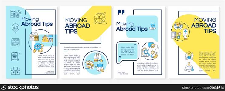 Moving abroad tips yellow, blue brochure template. Flyer, booklet, leaflet print, cover design with linear icons. Vector layouts for presentation, annual reports, advertisement pages. Moving abroad tips yellow, blue brochure template