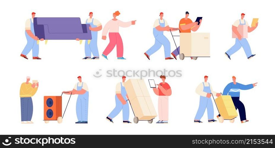 Moving and delivery service. Women delivering box, movers and clients. Warehouse workers, men helping relocation, carrying furniture vector set. Illustration delivery people and transportation service. Moving and delivery service. Women delivering box, movers and clients. Warehouse workers, men helping relocation, carrying furniture utter vector set