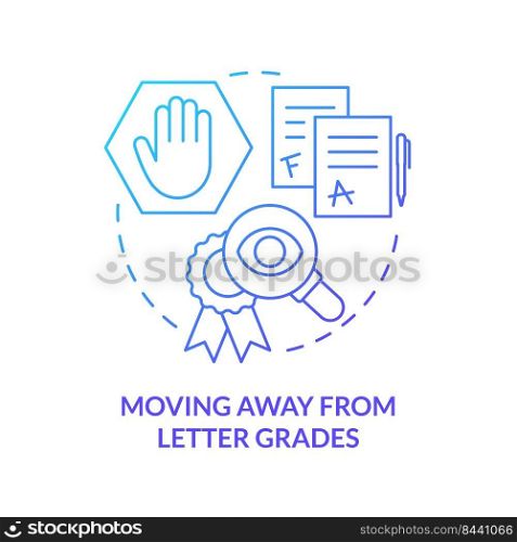 Moving away from letter grades blue gradient concept icon. Replace assessment. Trend in education abstract idea thin line illustration. Isolated outline drawing. Myriad Pro-Bold font used. Moving away from letter grades blue gradient concept icon