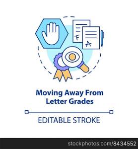 Moving away from letter grades concept icon. Replace assessment. Trend in education abstract idea thin line illustration. Isolated outline drawing. Editable stroke. Arial, Myriad Pro-Bold fonts used. Moving away from letter grades concept icon
