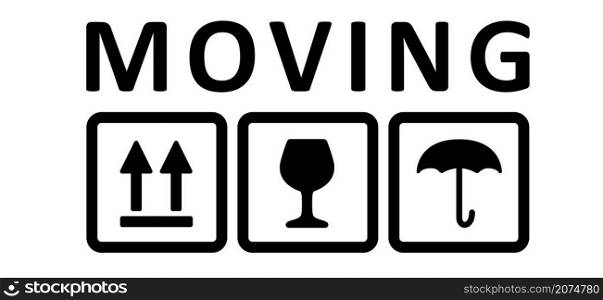Moving box sign. Slogan We have moved, changed address. Map location pointer. We've Moved! Moving office or new home sign. Flat vector message