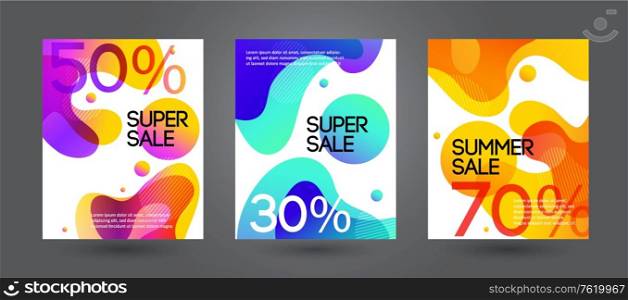 Moving colorful abstract background with text Super Sale 50, 70, 30 percent for promotion and discount design. Color liquid organic shape. Moving colorful abstract background. Dynamic Effect. Vector Illustration. Design Template for poster and cover.. Moving colorful abstract background. Dynamic Effect. Vector Illustration. Design Template.