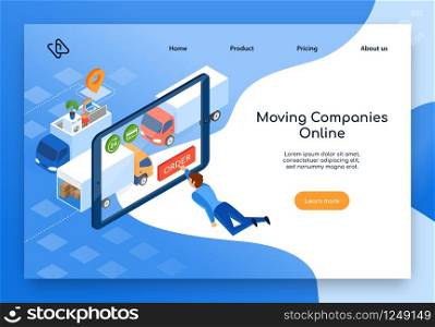 Moving Company Online Services Isometric Vector Web Banner or Landing Page Template with Tired Man Choosing and Ordering Removal Door-to Door Service to Relocate Home Stuff in Internet Illustration