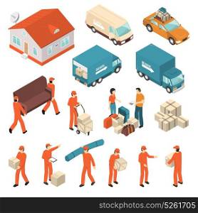 Moving Company Service Isometric Icons Set . Moving company professional packing transportation unloading and delivery certified service isometric icons collection isolated vector illustration