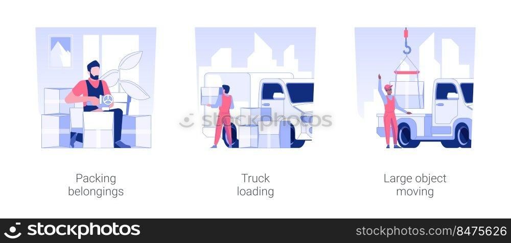 Moving company services isolated concept vector illustration set. Packing belongings, truck loading, large object moving, real estate business, packages transportation vector cartoon.. Moving company services isolated concept vector illustrations.