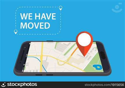 Moving concept. Changing address, new location on navigation map. Use for, landing page, template, ui, web, mobile app, poster, banner Vector illustration in flat style. Moving concept. Changing address,