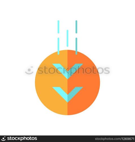 Moving down arrow in circle flat design cartoon RGB color icon. Mobile app page browsing indicator. Web cursor. Scrolldown button.Two arrowheads in round shape. Vector silhouette illustration