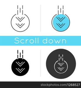 Moving down arrow in circle icon. Mobile app page browsing indicator. Web cursor. Scrolldown button.Two arrowheads in round shape. Linear black and RGB color styles. Isolated vector illustrations