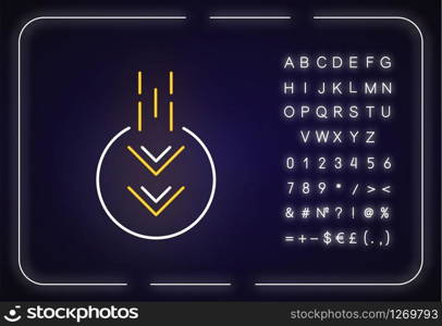 Moving down arrow in circle neon light icon. Mobile app page browsing indicator. Outer glowing effect. Sign with alphabet, numbers and symbols. Vector isolated RGB color illustration