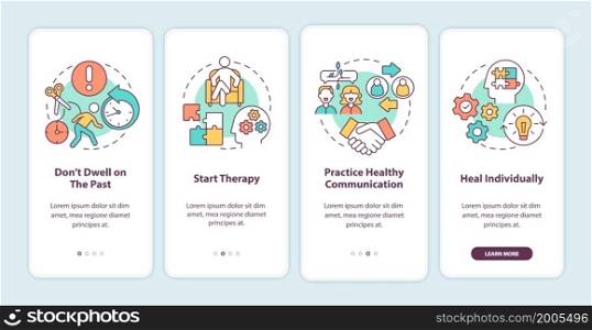 Moving forward onboarding mobile app page screen. Therapy and healthy communication walkthrough 4 steps graphic instructions with concepts. UI, UX, GUI vector template with linear color illustrations. Moving forward onboarding mobile app page screen