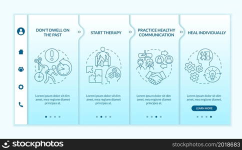 Moving forward onboarding vector template. Start psychotherapy. Responsive mobile website with icons. Web page walkthrough 4 step screens. Breakup recovery color concept with linear illustrations. Moving forward onboarding vector template