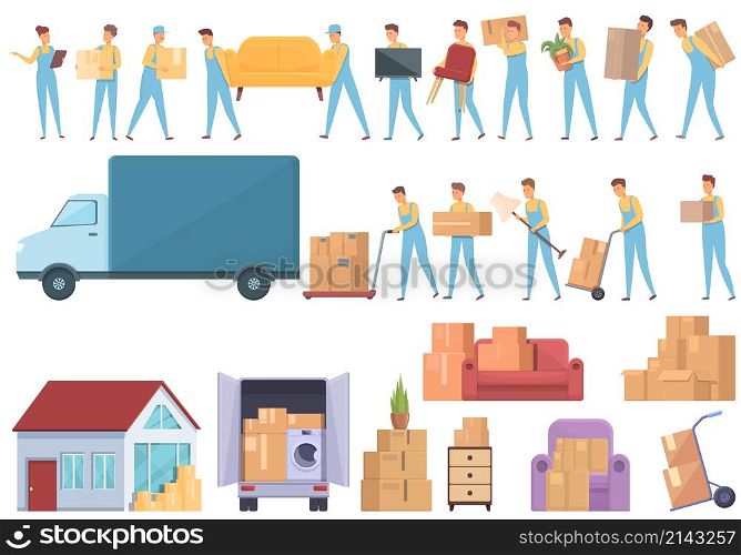 Moving house services icons set cartoon vector. Storehouse box. Cargo warehouse. Moving house services icons set cartoon vector. Storehouse box