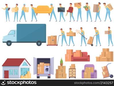 Moving house services icons set cartoon vector. Storehouse box. Cargo warehouse. Moving house services icons set cartoon vector. Storehouse box
