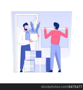 Moving in a new office isolated concept vector illustration. Group of people with boxes settling in a new office, corporate business, relocation and unpacking process vector concept.. Moving in a new office isolated concept vector illustration.