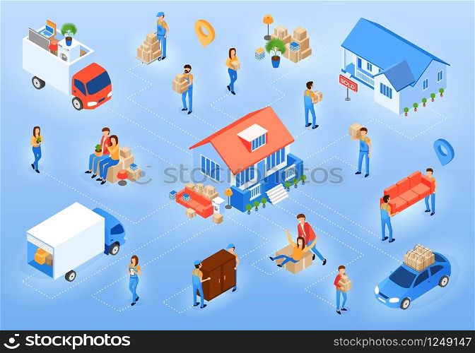 Moving in New House Isometric Projection Vector Concept with Happy People Relocate to Their New Dwelling, Moving Company Worker Carrying Boxes and Furniture, Truck Delivering Home Stuff Illustration
