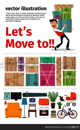 Moving into new apartment infographics. Man carrying cardboard boxes. Vector illustration. . Moving into new apartment infographics