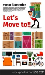 Moving into new apartment infographics. Man carrying cardboard boxes. Vector illustration. . Moving into new apartment infographics