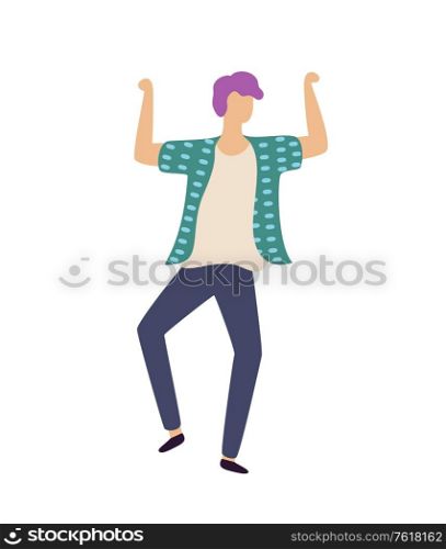 Moving man with rising hands, full length and portrait view of male in casual clothes, dancing person, dancer boy, clubber character, stag-party vector. Dancing Boy with Rising Hands, Guy Dancer Vector