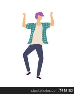 Moving man with rising hands, full length and portrait view of male in casual clothes, dancing person, dancer boy, clubber character, stag-party vector. Dancing Boy with Rising Hands, Guy Dancer Vector