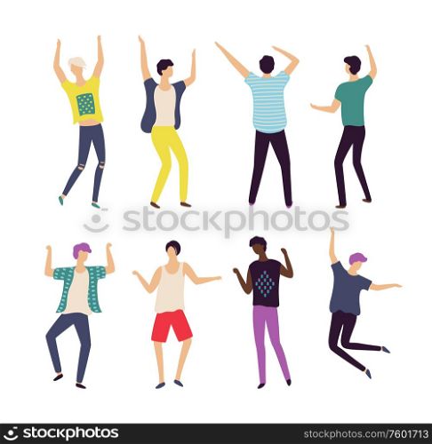 Moving men set, full length, portrait and back view of males in casual clothes, dancing people, bachelor party or celebration element, dancer boy vector. Dancer Boy Set, Male Moving, Bachelor Party Vector