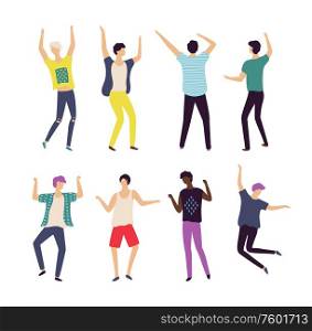 Moving men set, full length, portrait and back view of males in casual clothes, dancing people, bachelor party or celebration element, dancer boy vector. Dancer Boy Set, Male Moving, Bachelor Party Vector