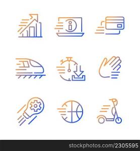 Moving objects gradient linear vector icons set. Digital payment. Raising and development. Electric scooter. Thin line contour symbol designs bundle. Isolated outline illustrations collection. Moving objects gradient linear vector icons set