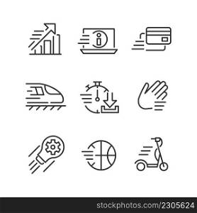Moving objects pixel perfect linear icons set. Digital payment. Raising and development. Electric scooter. Customizable thin line symbols. Isolated vector outline illustrations. Editable stroke. Moving objects pixel perfect linear icons set