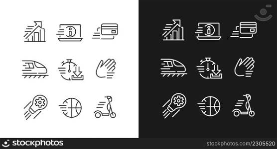 Moving objects pixel perfect linear icons set for dark, light mode. Raising and development. Electric scooter. Thin line symbols for night, day theme. Isolated illustrations. Editable stroke. Moving objects pixel perfect linear icons set for dark, light mode