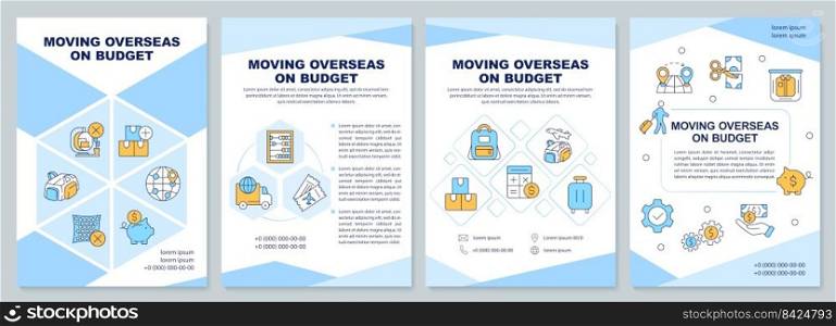 Moving overseas on budget blue brochure template. Cheap travel. Leaflet design with linear icons. Editable 4 vector layouts for presentation, annual reports. Arial-Black, Myriad Pro-Regular fonts used. Moving overseas on budget blue brochure template