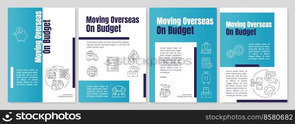 Moving overseas on budget teal brochure template. Cheap moving. Leaflet design with linear icons. Editable 4 vector layouts for presentation, annual reports. Anton-Regular, Lato-Regular fonts used. Moving overseas on budget teal brochure template