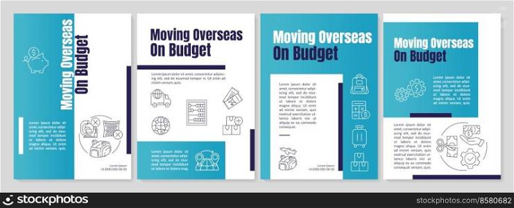 Moving overseas on budget teal brochure template. Cheap moving. Leaflet design with linear icons. Editable 4 vector layouts for presentation, annual reports. Anton-Regular, Lato-Regular fonts used. Moving overseas on budget teal brochure template