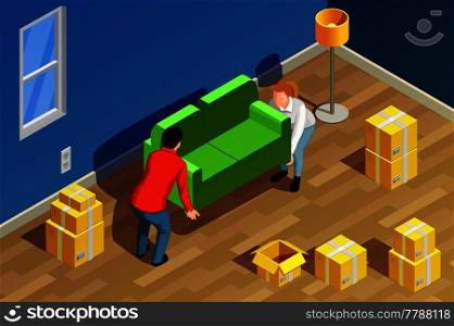 Moving people isometric composition with new residence room interior carton boxes and couple characters moving sofa vector illustration. New Home Isometric Composition