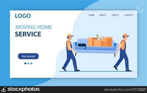 Moving service and delivery company. Delivery character man movers carry sofa with big carton cardboard box. Delivery and relocation service concept. Landing page. Vector illustration in flat style. Moving service and delivery company
