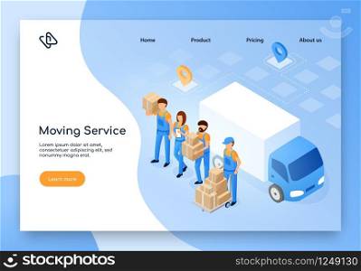 Moving Service Isometric Vector Web Banner. Female and Male Workers in Uniform Standing near Cargo Truck with Cardboard Boxes in Hands Illustration. Delivery or Shipping Company Landing Page Template