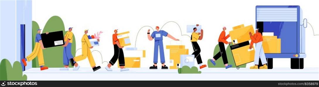Moving service workers help at home relocation. Loaders, movers team loading cardboard boxes and appliances into truck. Delivery company employees in uniform, Line art flat vector illustration. Moving service workers help at home relocation