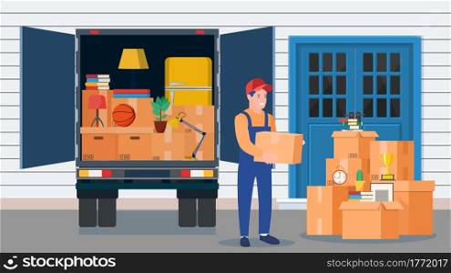 Moving to new house. Family relocated to new home. Male mover, paper cardboard boxes near house facade. Package for transportation. Delivery truck, household items. vector illustration in flat style. Moving to new house.