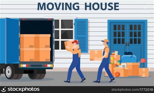 Moving to new house. Family relocated to new home. Male mover, paper cardboard boxes near house facade. Package for transportation. Delivery truck, household items. vector illustration in flat style. Moving to new house.