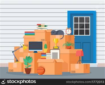 Moving to new house. Family relocated to new home. Paper cardboard boxes near house facade. Package for transportation. Vector illustration in flat style. Moving to new house.