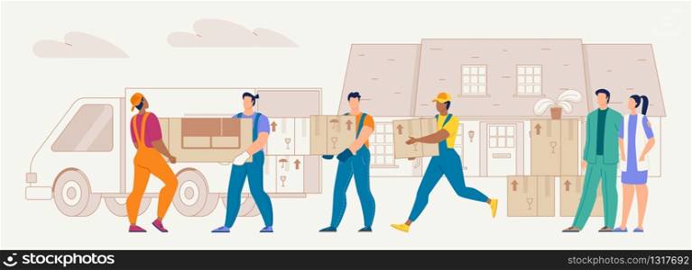 Moving to New House Flat Vector Concept with Real Estate Owners Couple Watching for Delivery Service Workers Loading, Unloading Furniture, Home Stuff and Cardboard Boxes to Cargo Truck Illustration