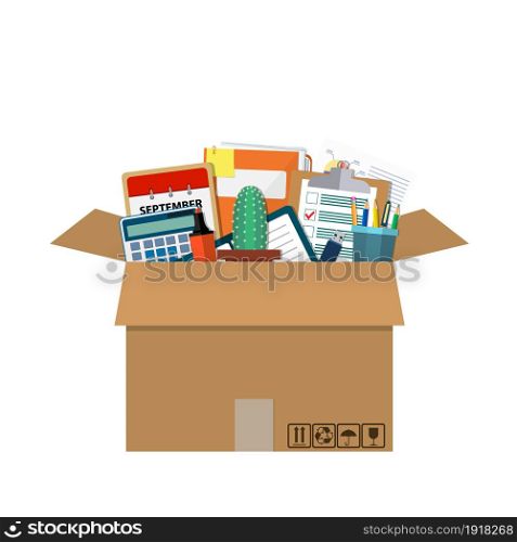 Moving to new office. Cardboard box with folder, document paper, contract, calculator, pen and pencils, cactus Vector illustration in flat style. Moving to new office.