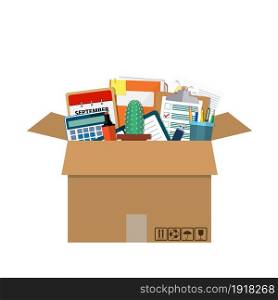 Moving to new office. Cardboard box with folder, document paper, contract, calculator, pen and pencils, cactus Vector illustration in flat style. Moving to new office.
